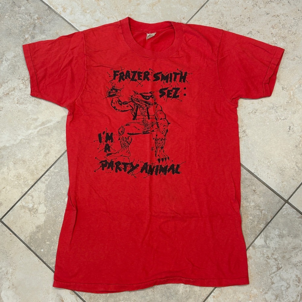 Vintage Frazer Smith KLOS 95.5 Sez I'm A Party Animal Band Shirt Mens L Red 80s